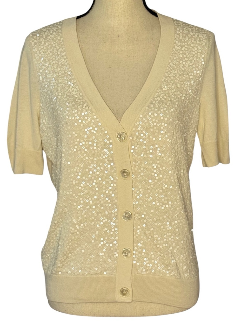 Talbots Sequin Cardigan Sweater Size Small Ivory Cream V Neck Button Front Party